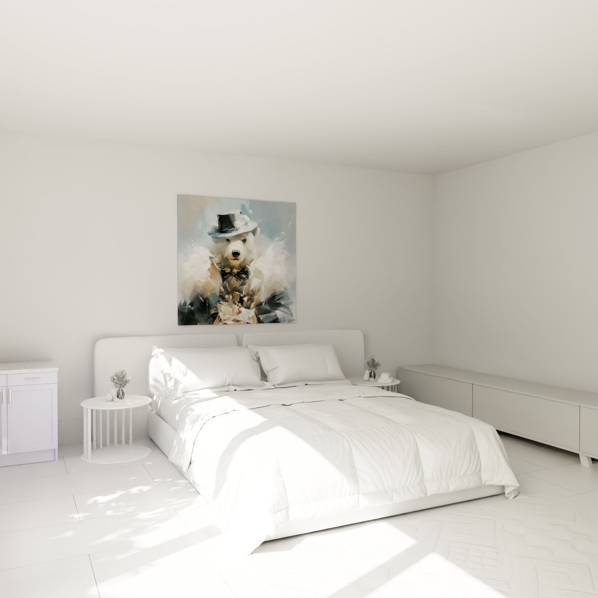 Portrait peint d'un ours polaire élégant en costume gris, accroché au-dessus d'un lit dans une chambre claire