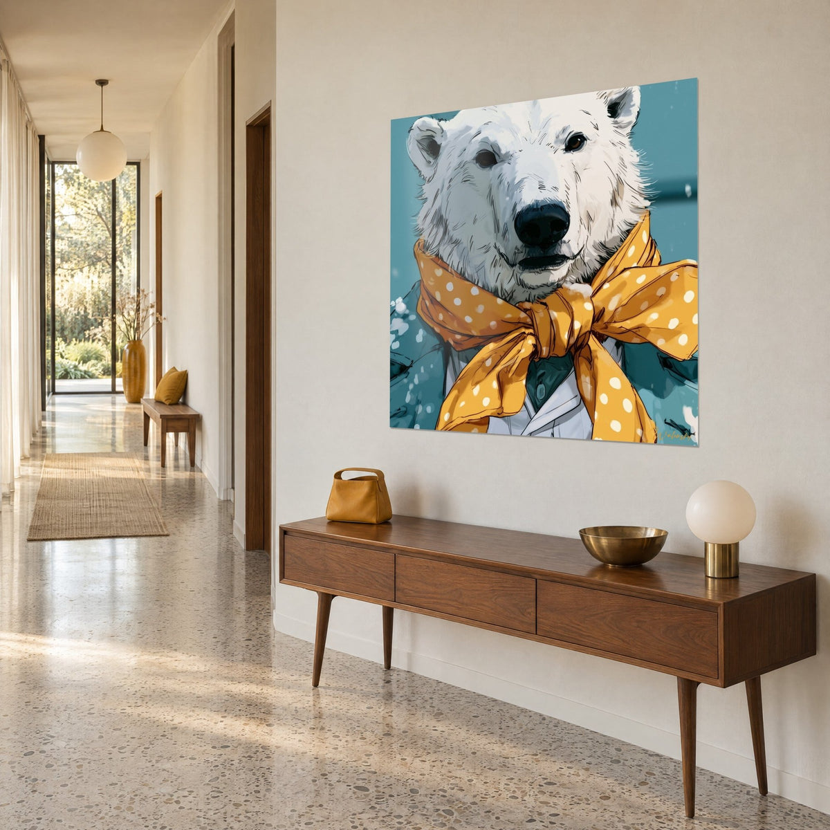 Wall art portrait of a white bear wearing a large saffron polka-dot bow, teal jacket, on a cream wall above a wooden console