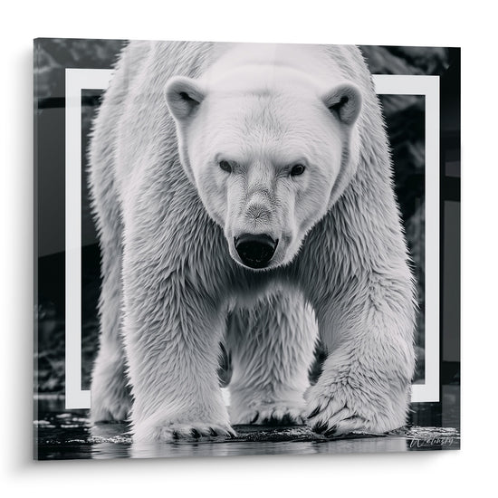 Ours polaire blanc et gris avançant, regard fixe, cadre géométrique blanc sur fond anthracite