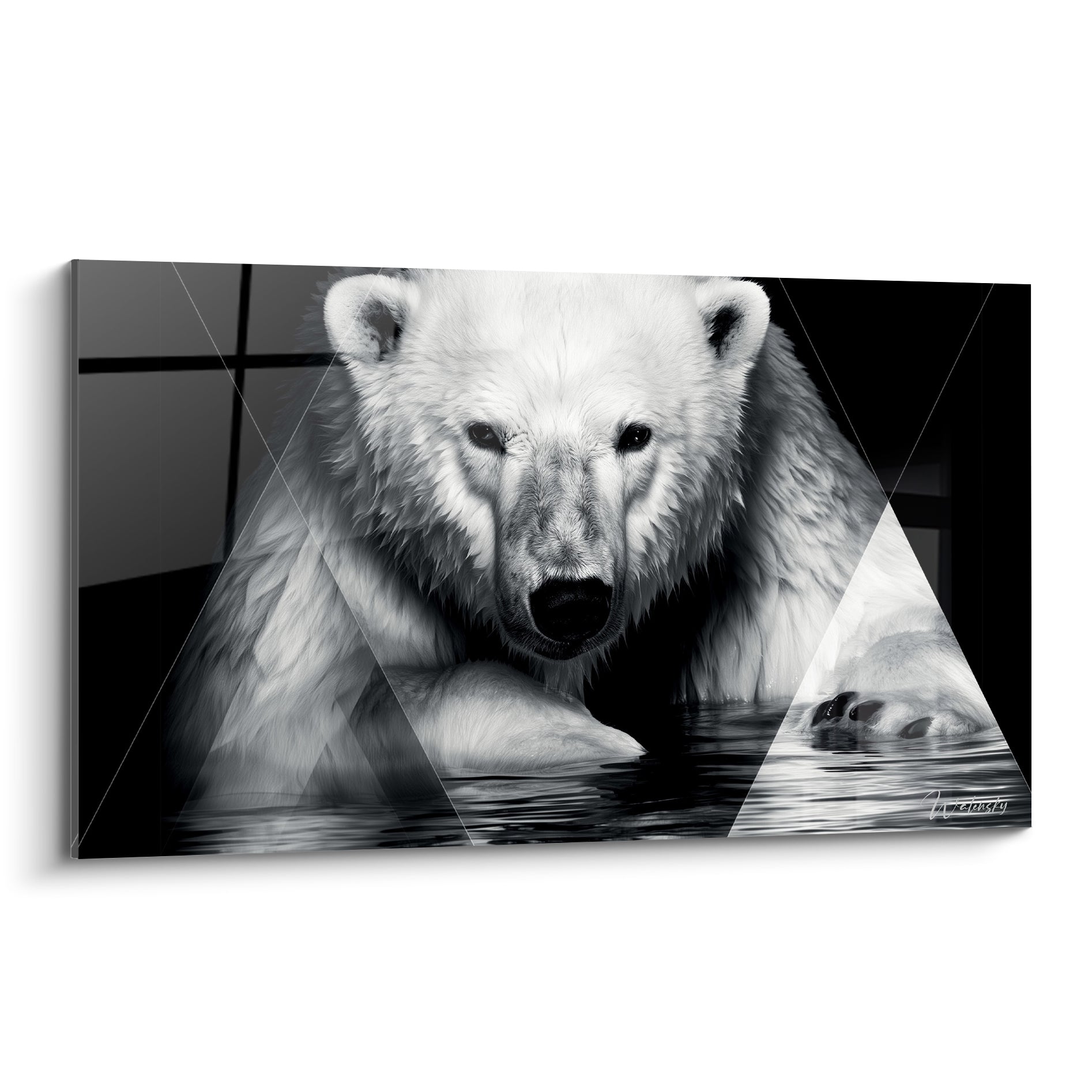 Ours polaire blanc au regard sombre émergeant d'une eau noire, motif géométrique en triangles transparents