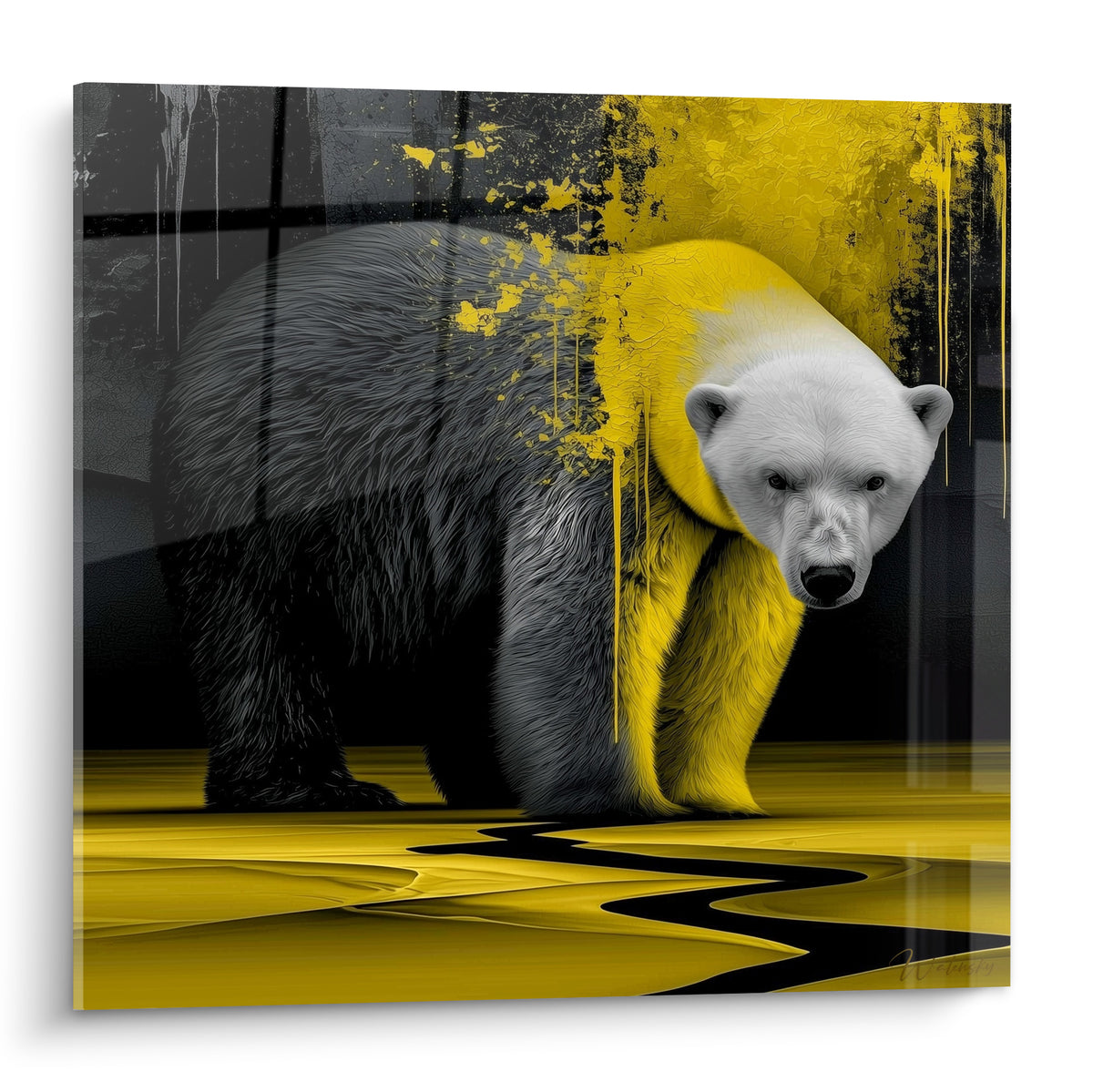 Ours polaire au pelage noir strié de jaune vif, museau blanc, fond géométrique sombre éclaboussé d'or