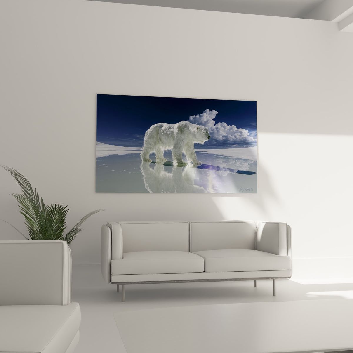 Fourrure blanche dense d'ours polaire contrastant avec ciel bleu nuit, au-dessus d'un canapé dans un salon lumineux
