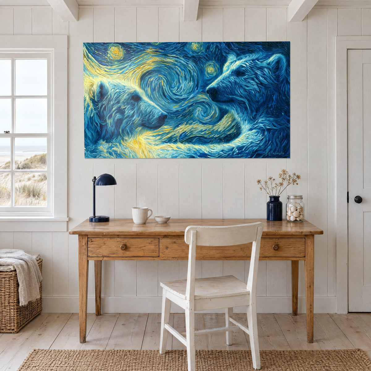 Wall art of two white bears facing each other, a Van Gogh-style sky in royal blue and ochre, hung above a light wood desk