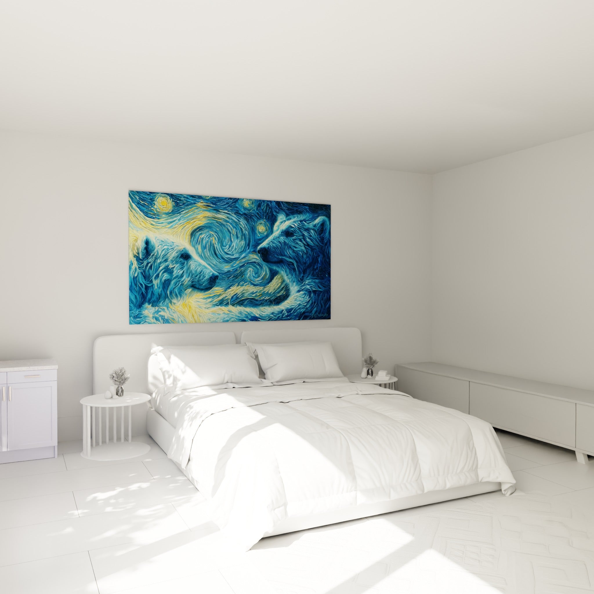 Ours polaire aux tourbillons bleu marine et dorés accroché au-dessus d'un lit dans une chambre claire