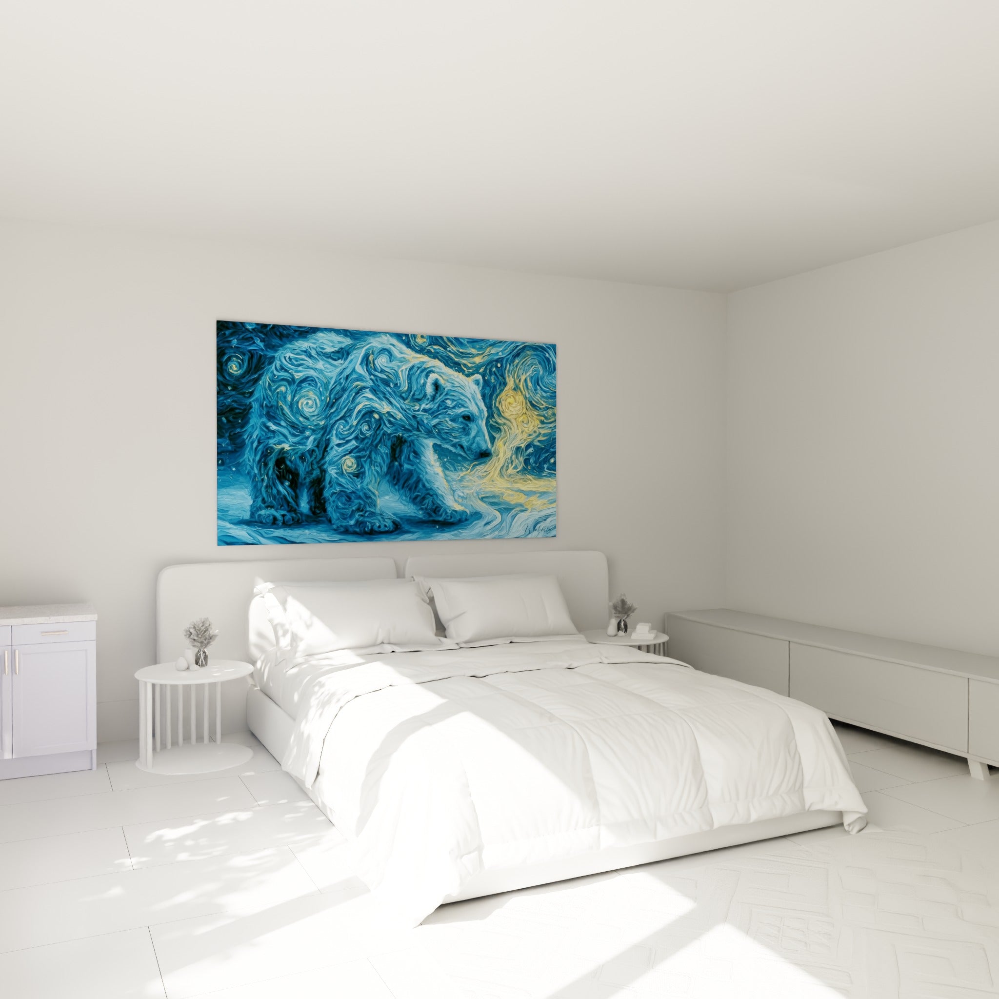 Animal polaire tourbillonnant en bleu et doré, accroché au-dessus d'un lit dans une chambre claire