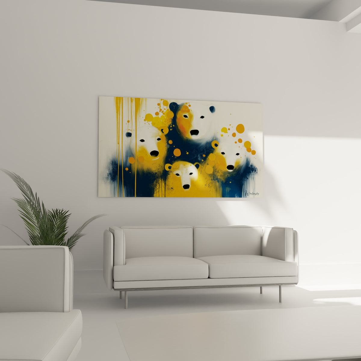 Visages d'ours polaire aux teintes ivoire et safran, suspendus au-dessus d'un canapé dans un salon lumineux.