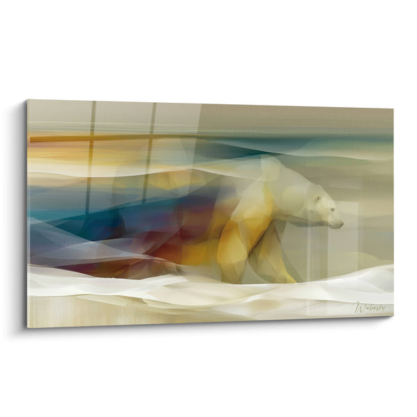 Gemälde Eisbär in Ocker- und Blautönen durchdringt einen Schleier aus Nebel - Transparente Silhouette im Gehen - Eisbär Edition