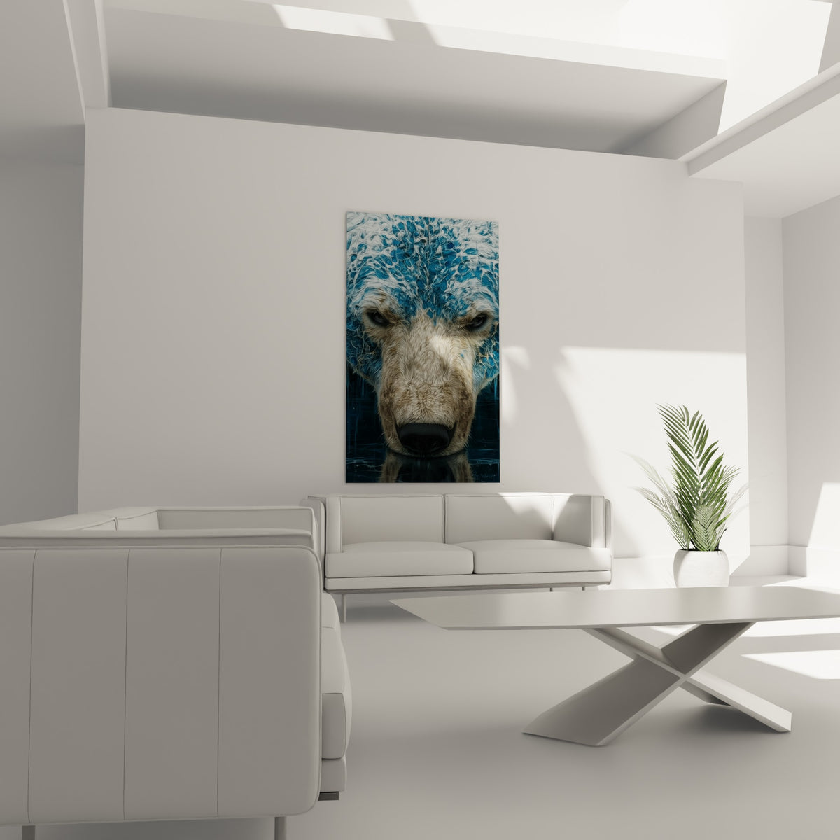 Regard perçant de l'ours polaire aux tons ocre et bleu profond, au-dessus d'un canapé dans un salon lumineux
