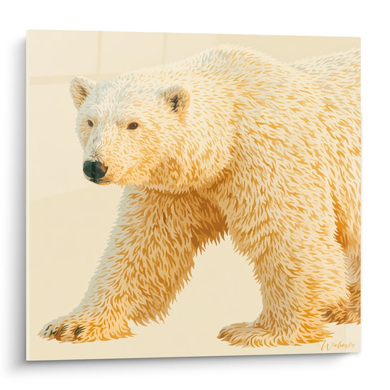 Ours polaire ocre et blanc marchant de profil, pelage détaillé aux teintes crème et fauve