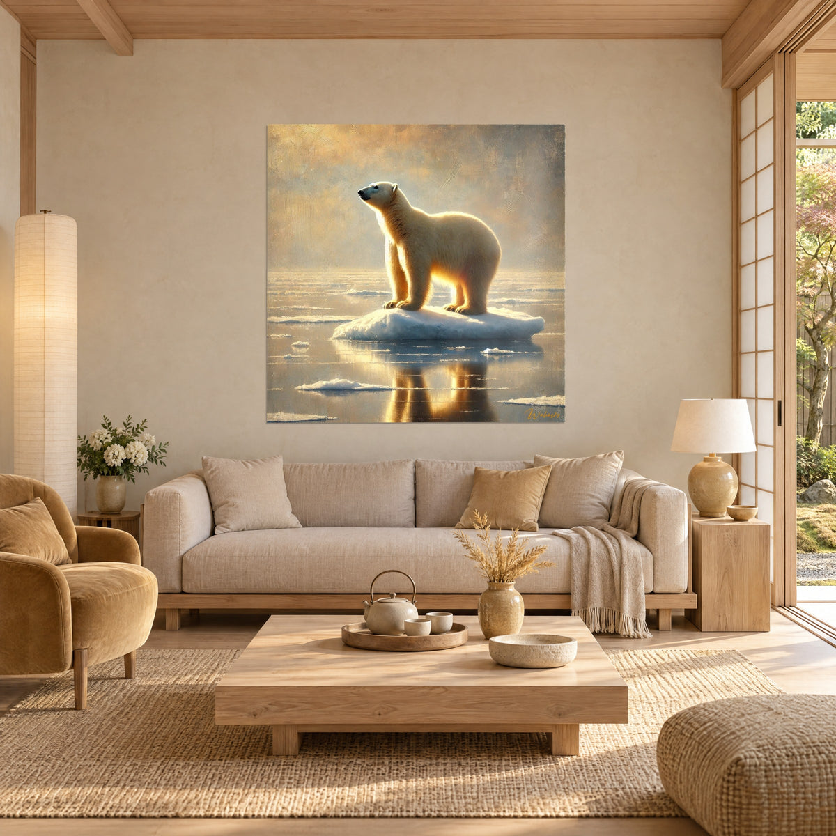 Tableau ours polaire à la fourrure crème sur un îlot de glace, ciel ocre et reflet doré, au-dessus d'un canapé dans un salon lumineux