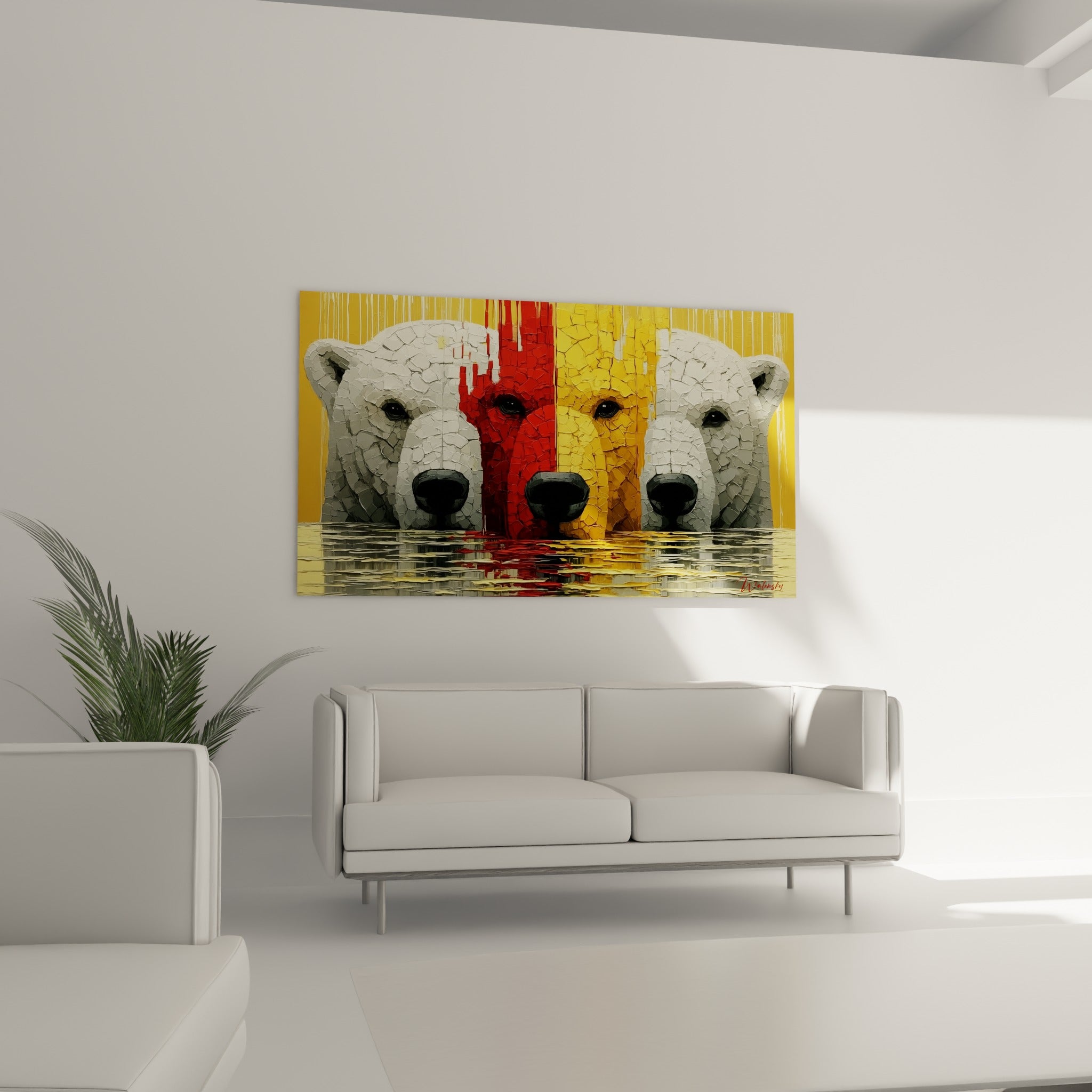 Têtes d'ours polaires ocre et blanc crayeux aux truffes noires, suspendues au-dessus d'un canapé dans un salon lumineux