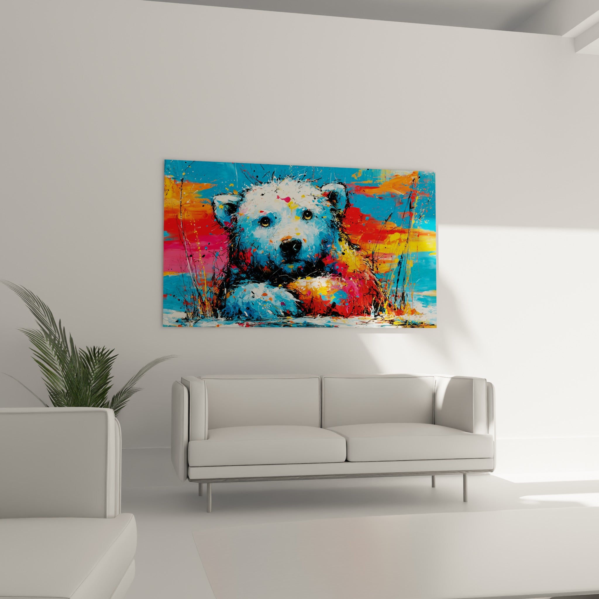 Ours polaire coloré aux tons orange et bleu marine au-dessus d'un canapé dans un salon lumineux