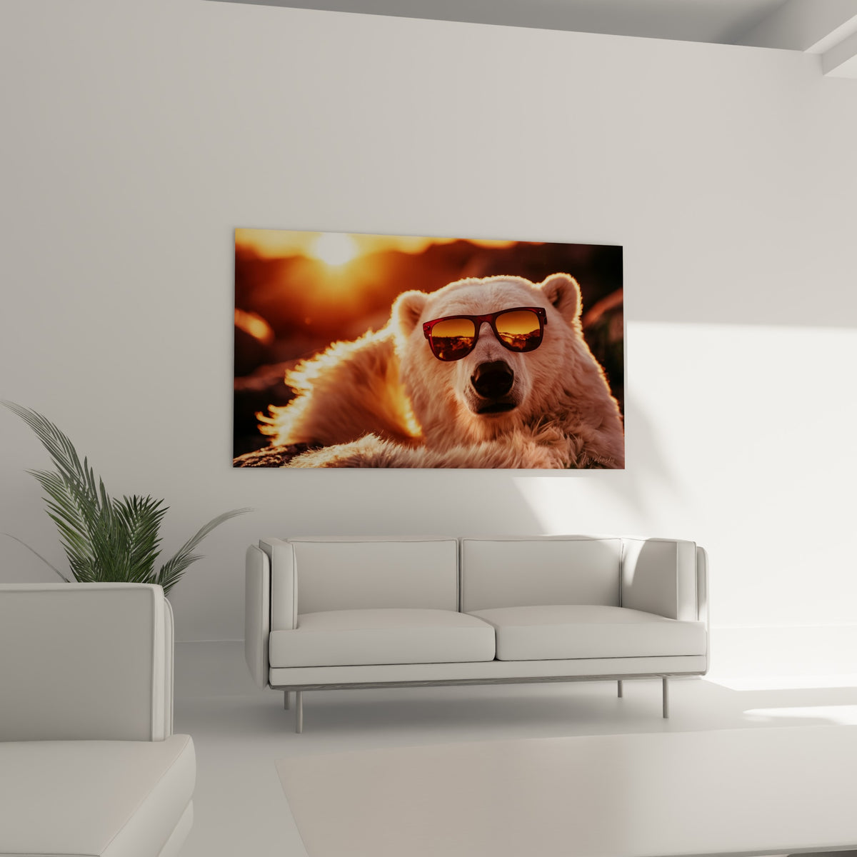 Museau noir et pelage blanc illuminé d'orangé de l'ours à lunettes accroché au-dessus d'un canapé dans un salon lumineux