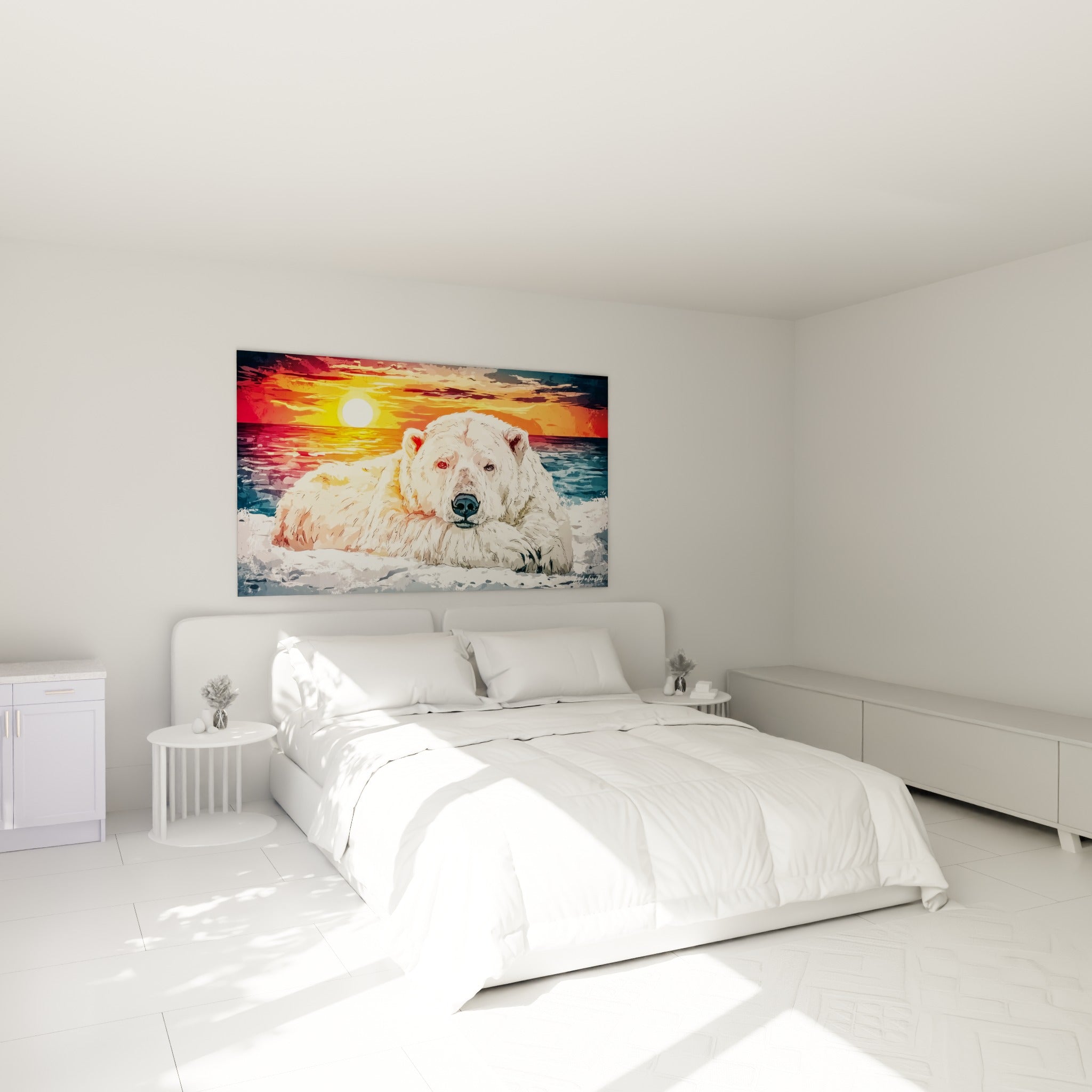 Fourrure blanche et ciel orangé d'un ours polaire au-dessus d'un lit dans une chambre claire