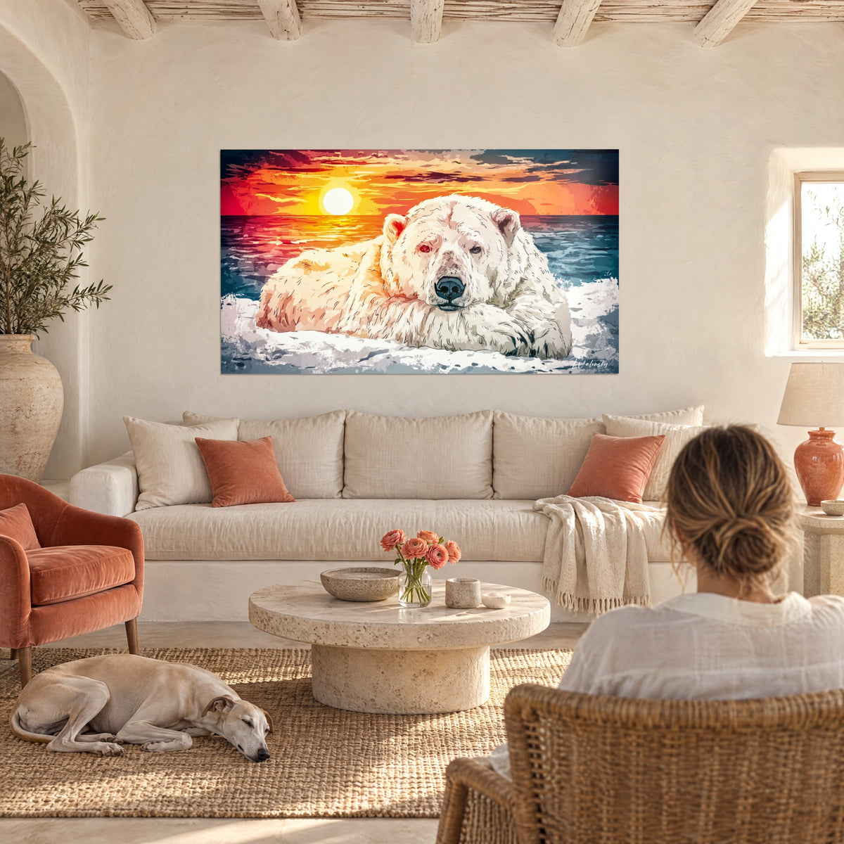 Schilderij witte ijsbeer liggend voor een oranje zon boven staalblauwe zee, een windhond rustend ernaast, boven een bank in een lichte woonkamer