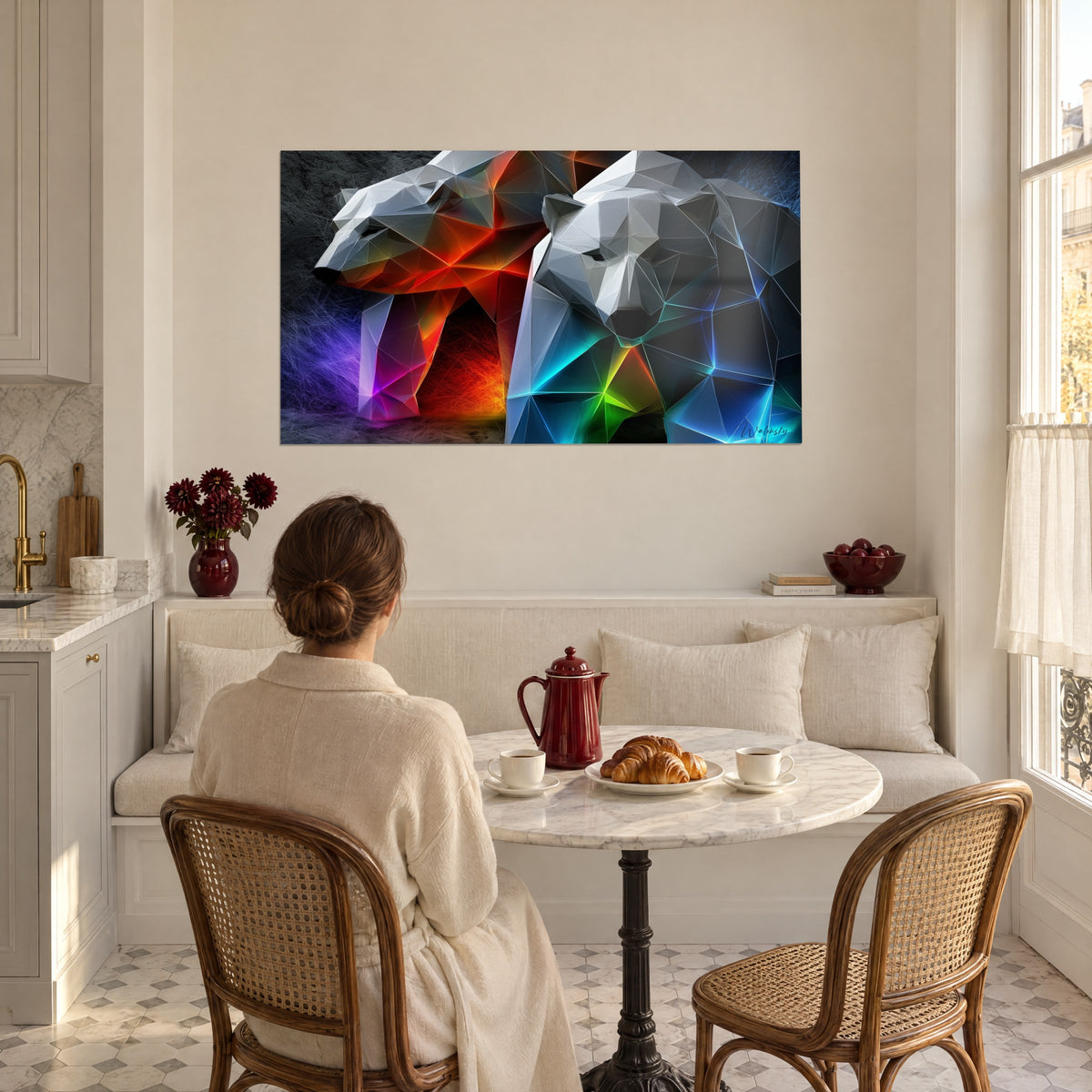 Wall art of a couple of folded-paper bears in purple, orange and electric blue, facing a woman seated at breakfast