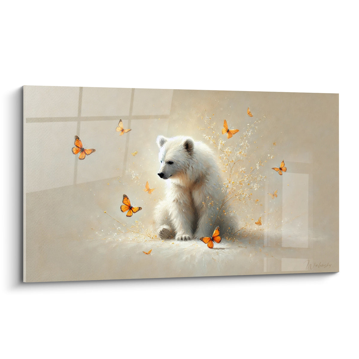 Ourson polaire blanc assis entouré de papillons orangés sur fond beige lumineux