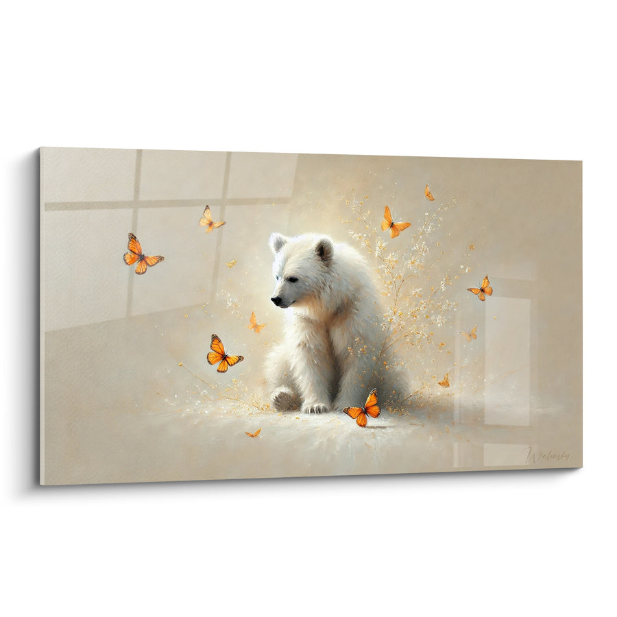 Tableau Ourson blanc assis parmi papillons orange - Brindilles fleuries dorées - Edition Ours polaire