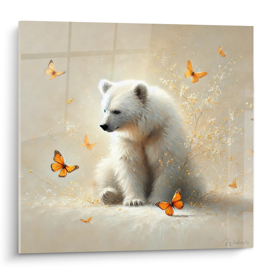 Tableau Ourson blanc entouré de papillons orange - Éveil enchanté - Edition Ours polaire