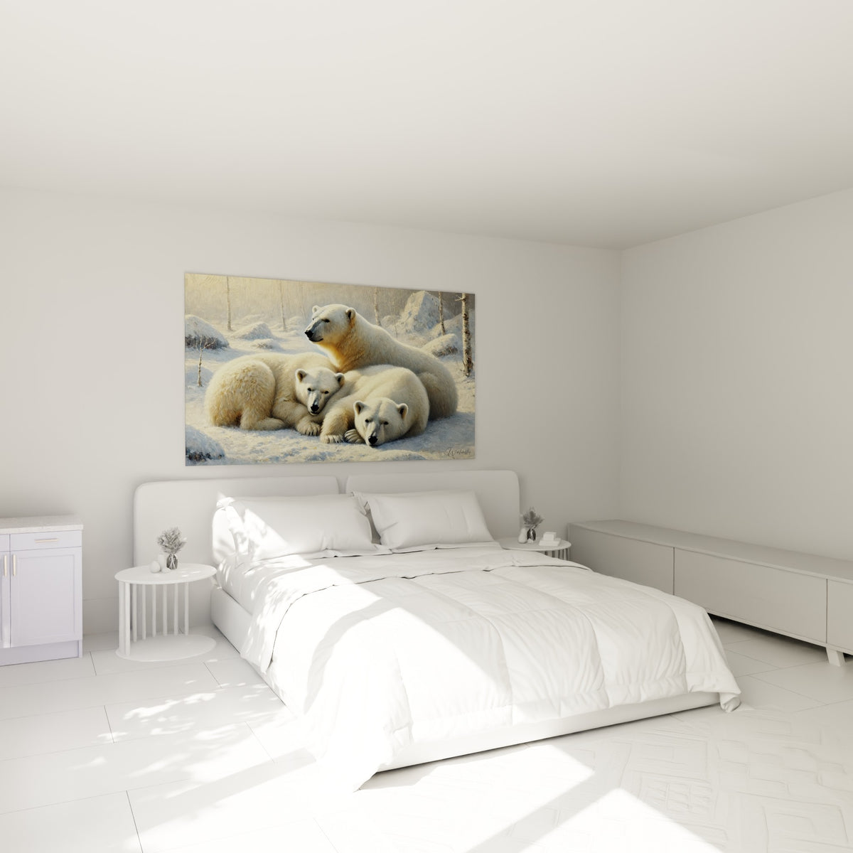 Famille d'ours polaires ivoire et ocre accrochée au-dessus d'un lit dans une chambre claire