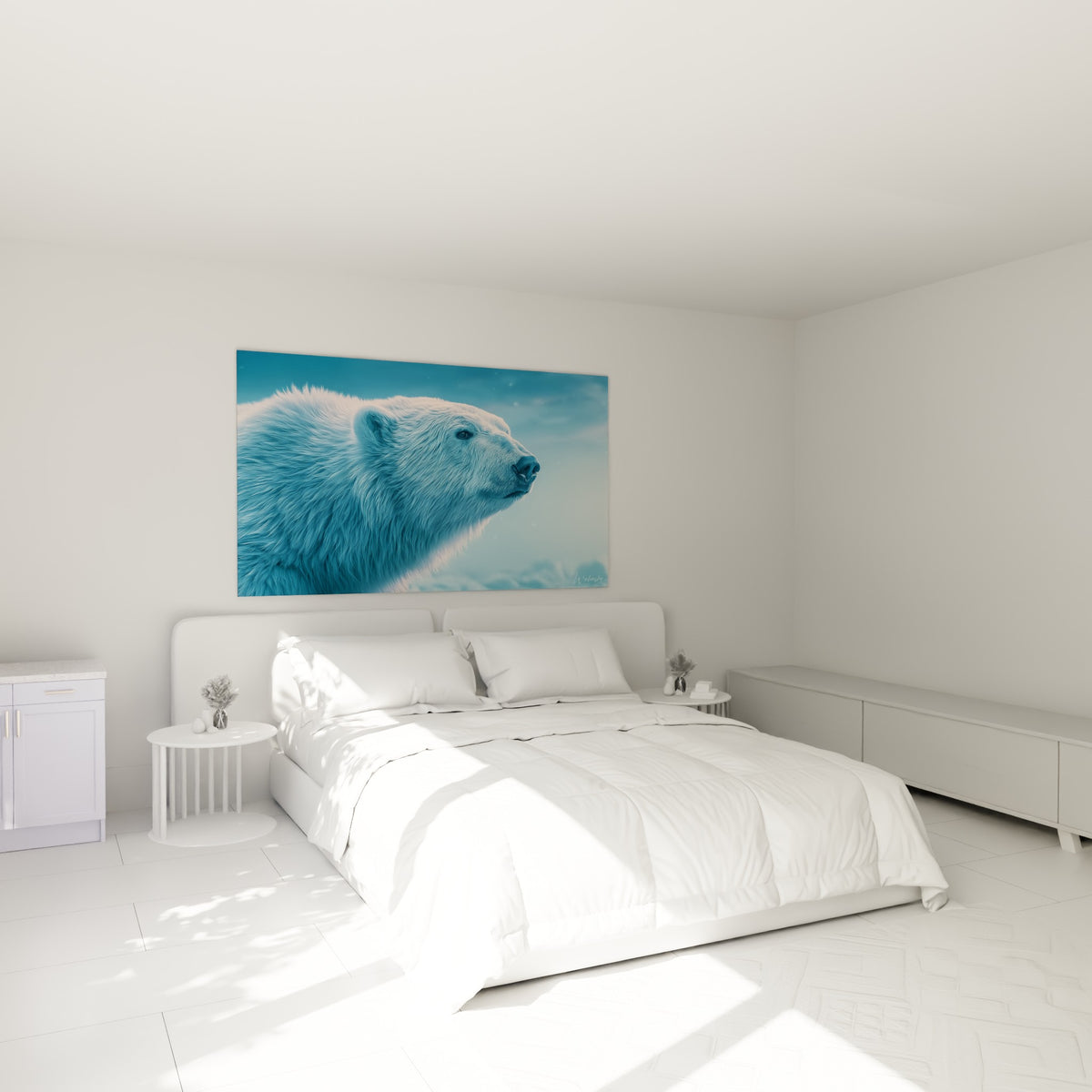 Ours polaire bleu pastel et blanc immaculé au-dessus d'un lit dans une chambre claire