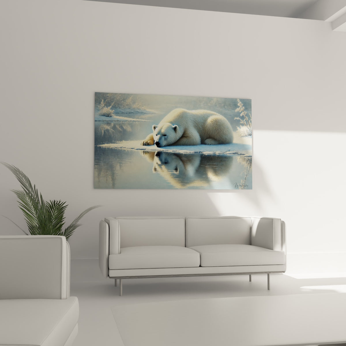 Ours polaire allongé dans une lumière dorée et glacière, au-dessus d'un canapé dans un salon lumineux