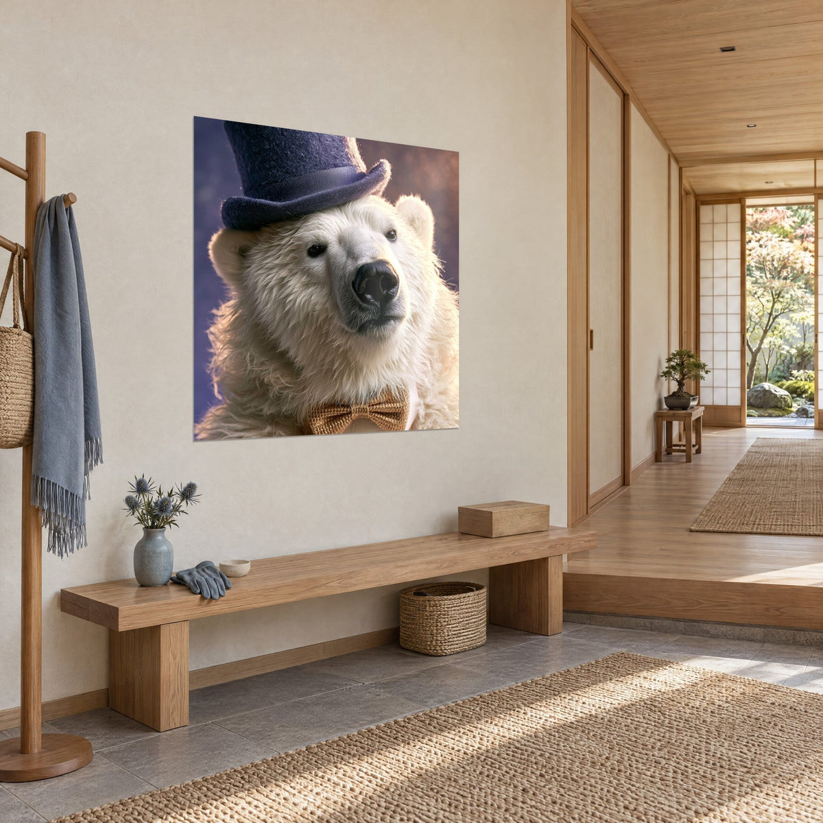 Tableau plantigrade blanc au chapeau violet profond et museau noir, fond mauve rosé, dans une entrée japandi aux boiseries claires