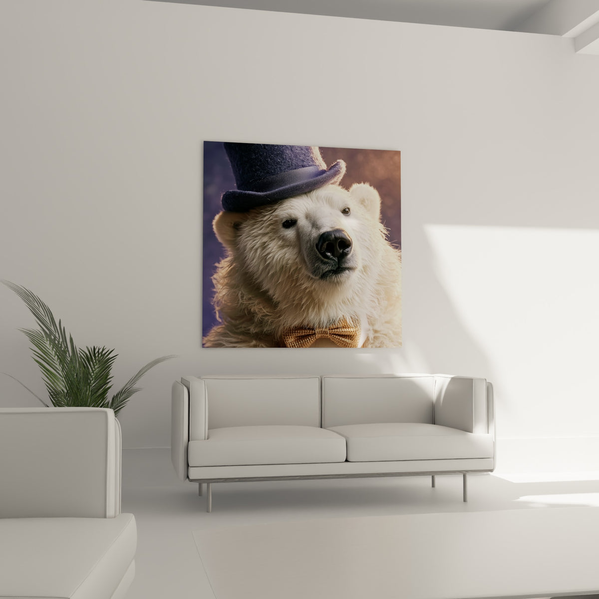 Pelage blanc et chapeau bleu marine d'un ours polaire élégant, au-dessus d'un canapé dans un salon lumineux