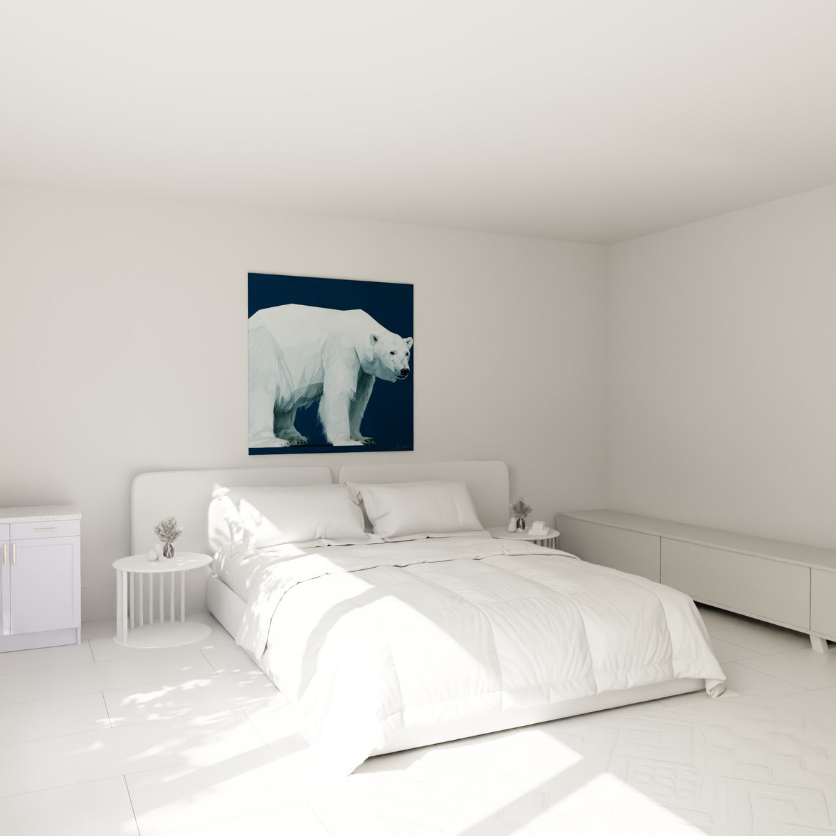 Silhouette d'ours polaire blanc et bleu marine au-dessus d'un lit dans une chambre claire