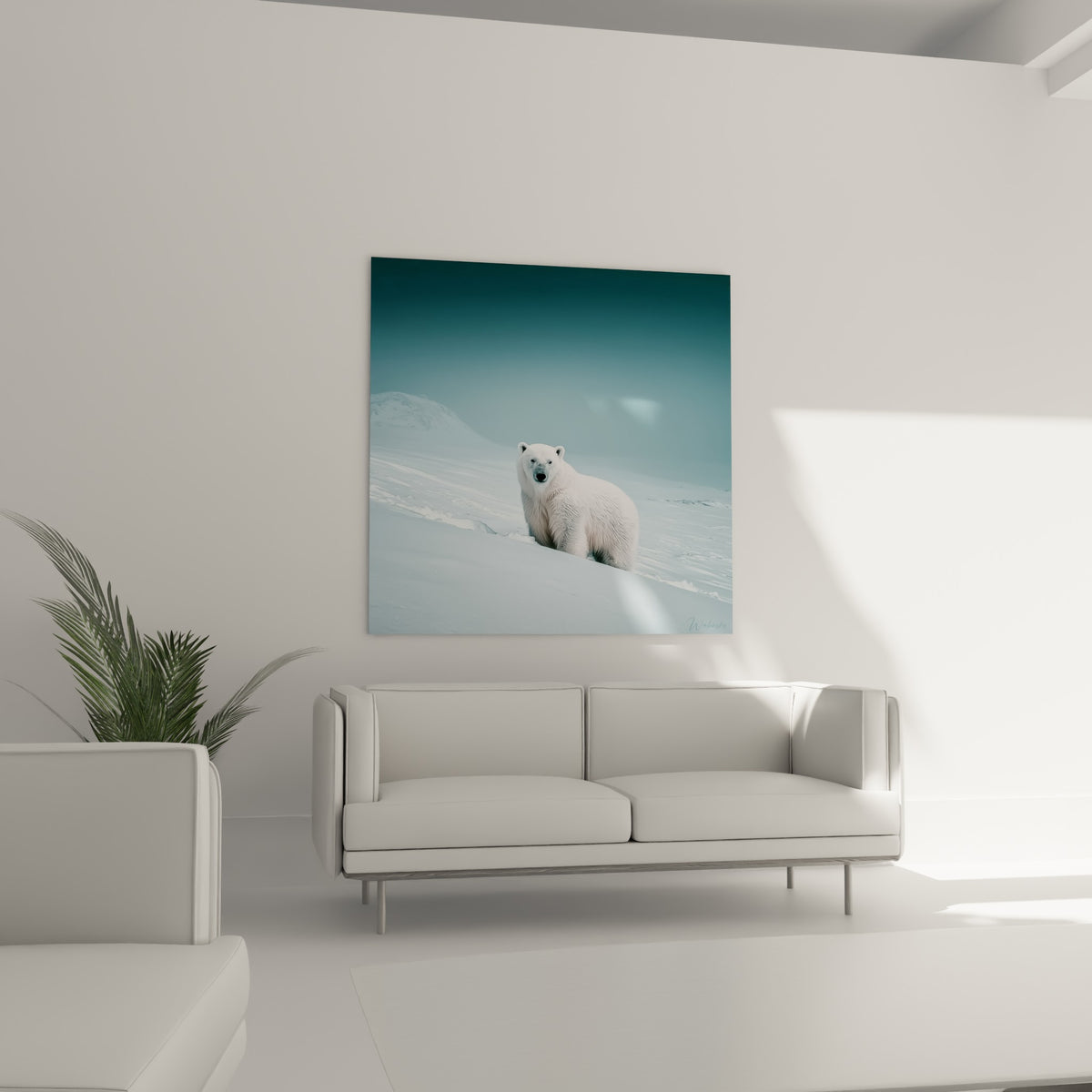 Ours polaire au pelage ivoire et fond anthracite au-dessus d'un canapé dans un salon lumineux