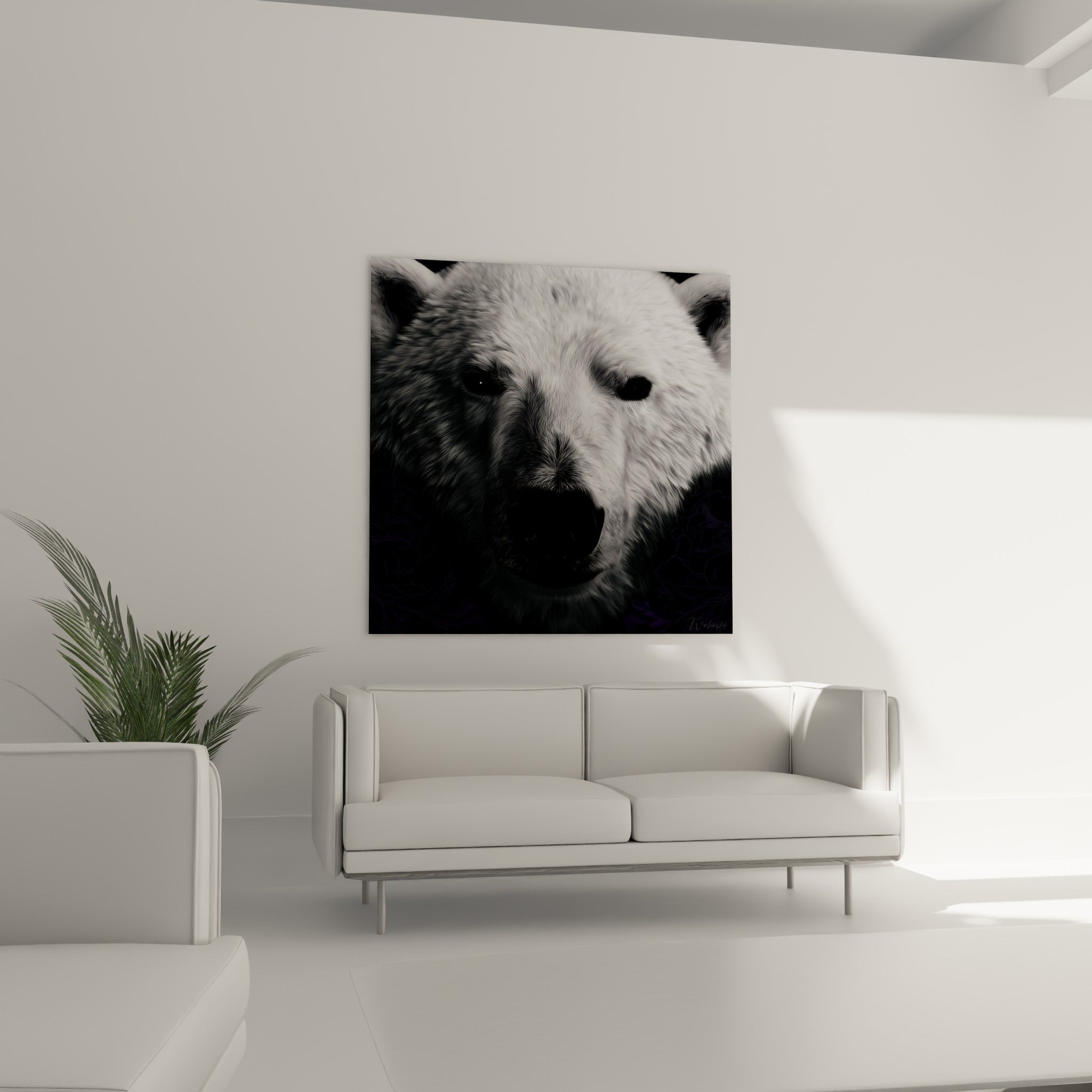 Regard sombre d'ours polaire sur pelage blanc texturé au-dessus d'un canapé dans un salon lumineux