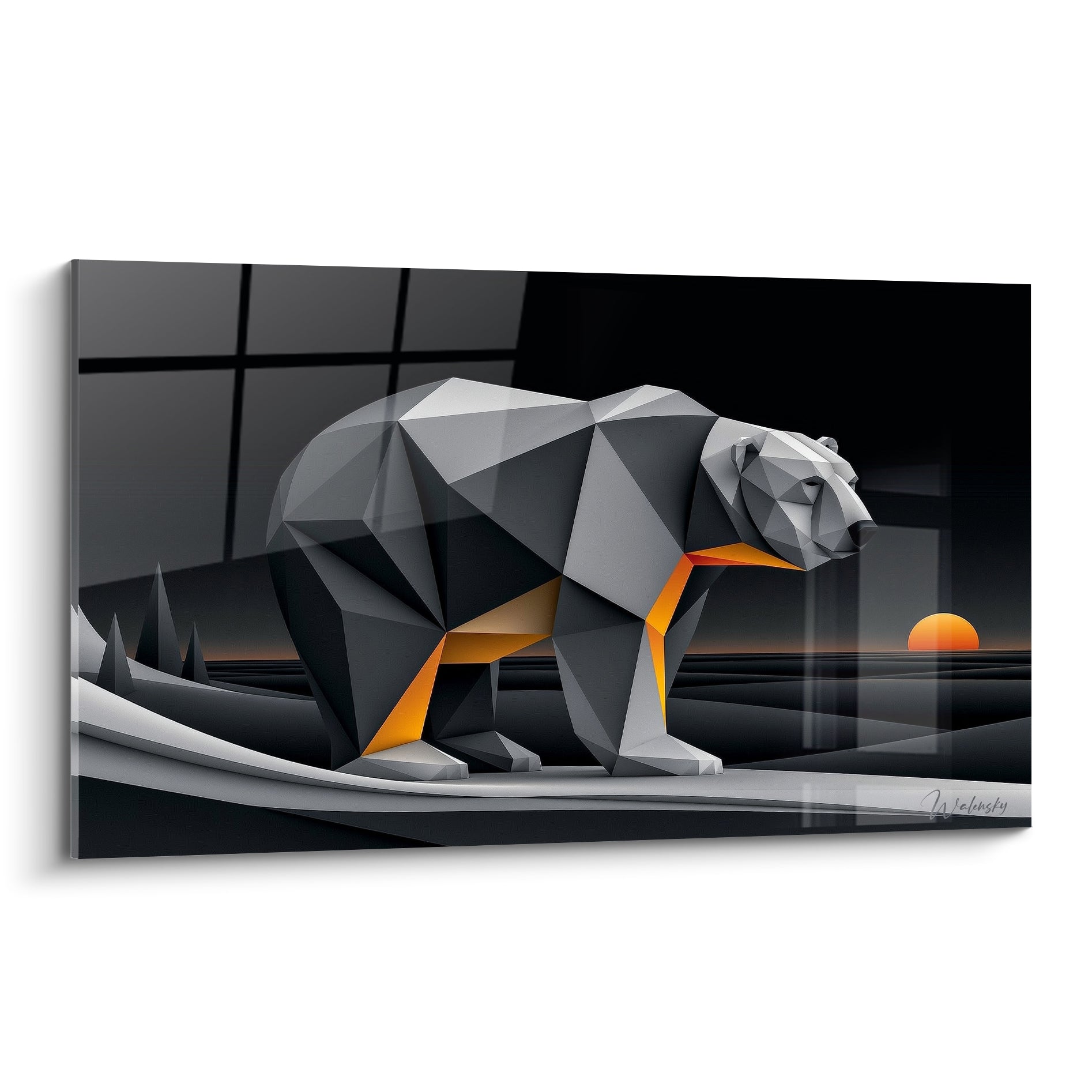 Ours polaire polygonal anthracite et orange marchant devant un soleil couchant arctique