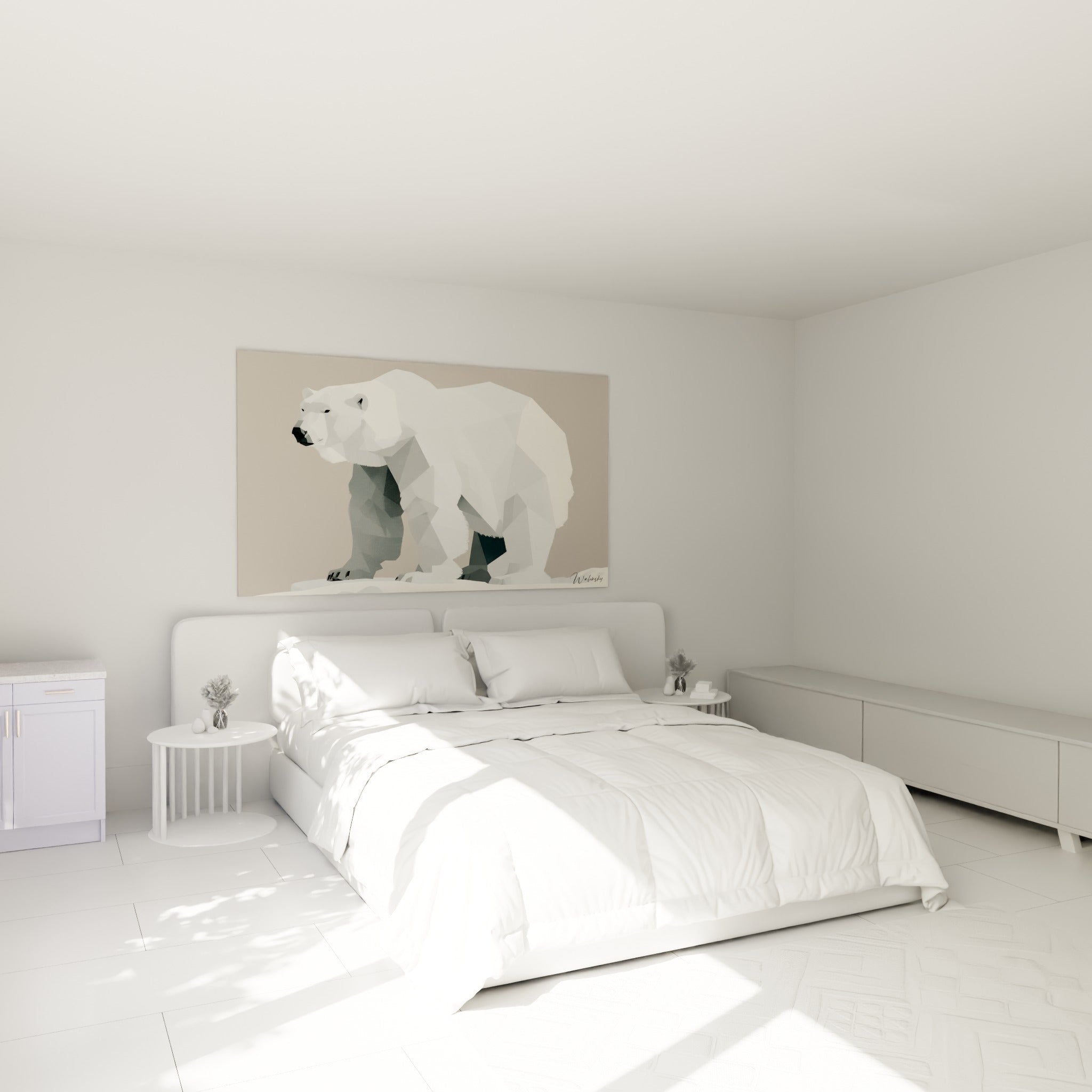 Silhouette d'ours polaire ivoire et anthracite accrochée au-dessus d'un lit dans une chambre claire