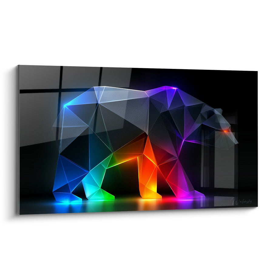 Tableau Ours polygonal noir aux facettes arc-en-ciel - Traversée lumineuse - Edition Ours polaire