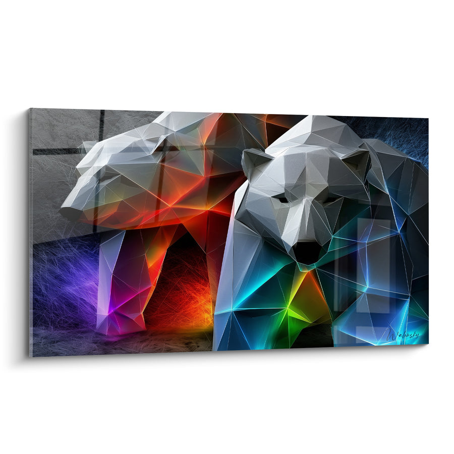 Tableau Ours polygonaux aux reflets rouge et bleu - Fusion électrique - Edition Ours polaire