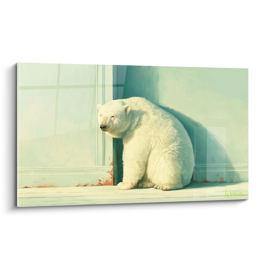 Tableau Ourson blanc assis contre une porte turquoise - Attente silencieuse - Edition Ours polaire