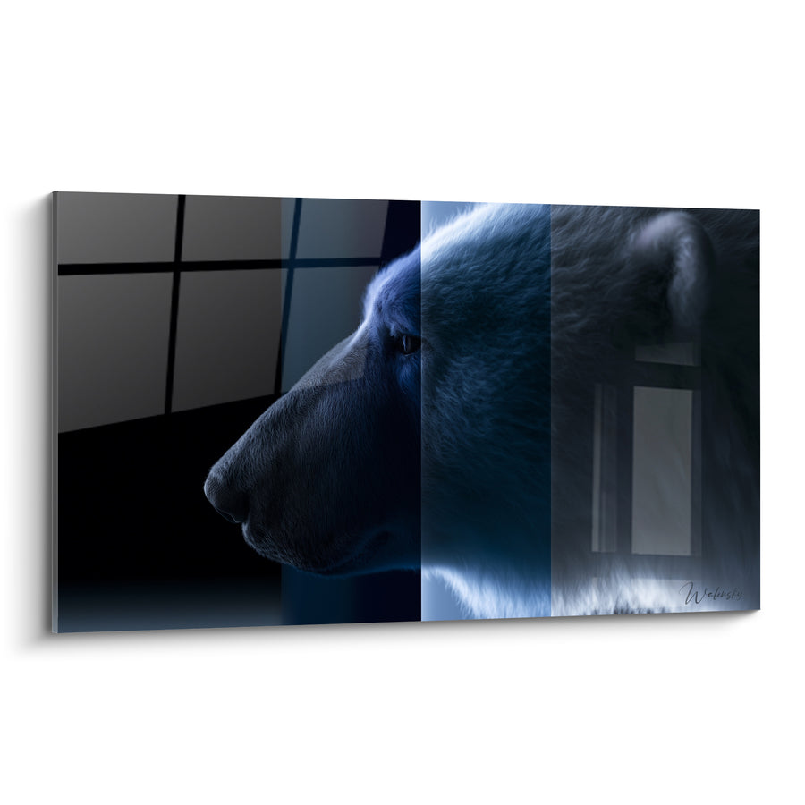Tableau Ours polaire au profil bleu et noir vitré - Carreaux entrecroisés en arrière-plan - Edition Ours polaire