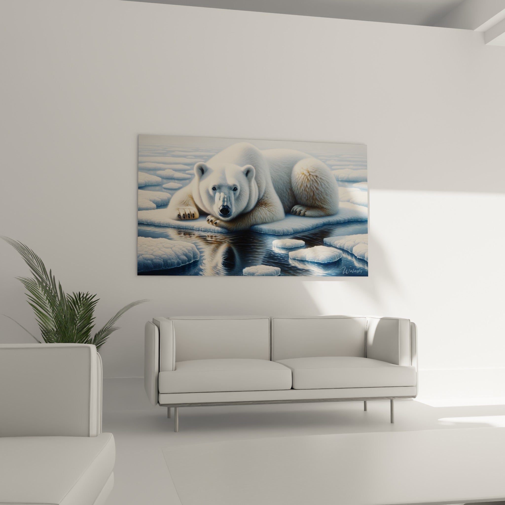 Ours polaire au pelage blanc et doré posé sur banquise, au-dessus d'un canapé dans un salon lumineux