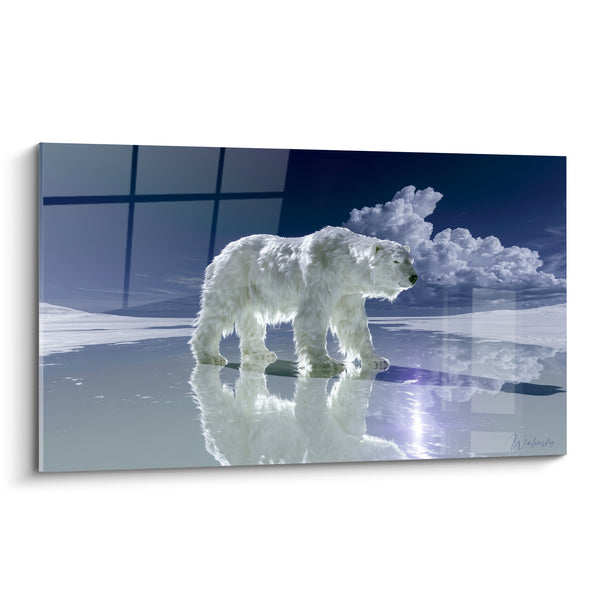 Tableau Ours polaire blanc et bleu marchant sur miroir d'eau - Reflet et nuage cotonneux - Edition Ours polaire