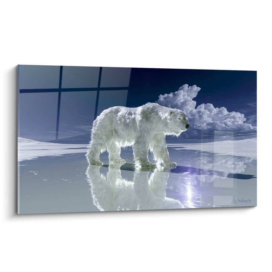Tableau Ours polaire blanc et bleu marchant sur miroir d'eau - Reflet et nuage cotonneux - Edition Ours polaire