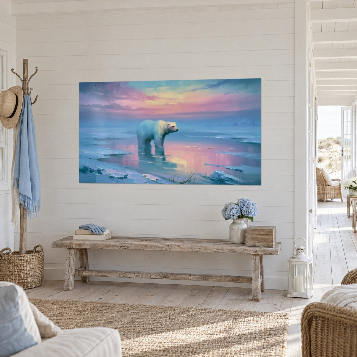 Wall art large white bear on the ice, lilac and pale yellow sky reflected in the water, three-quarter view in a light wood lounge
