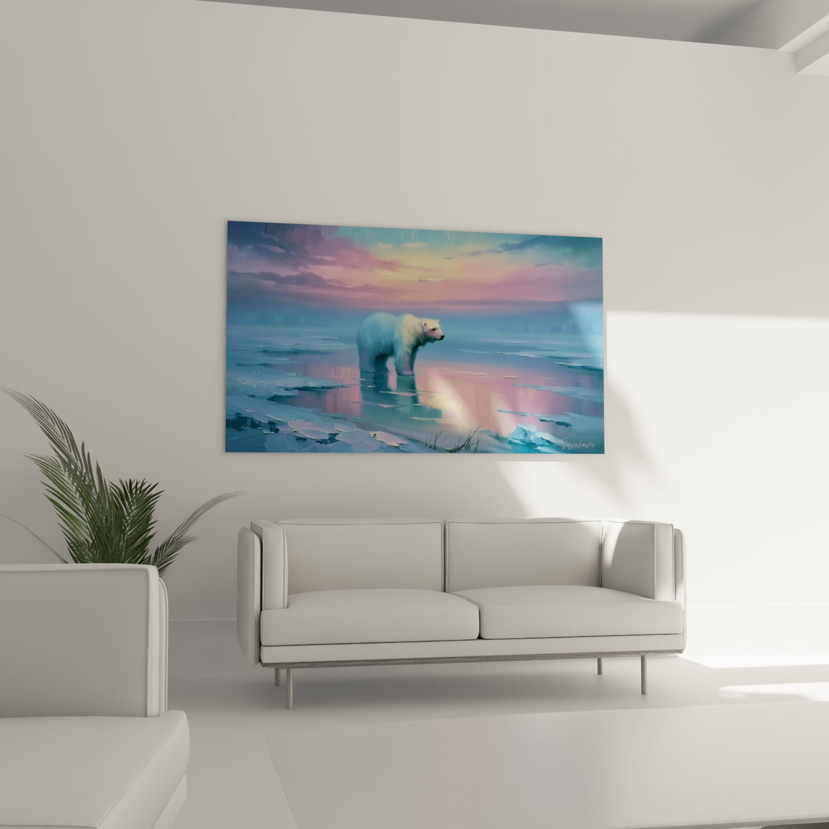 Ours polaire immobile sur glace fondante aux reflets roses et bleus, au-dessus d'un canapé dans un salon lumineux
