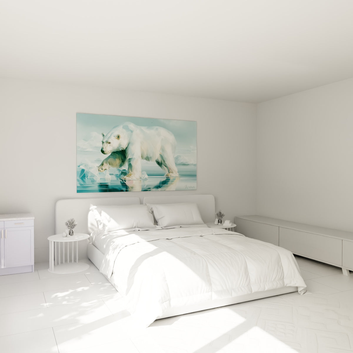 Silhouette d'ours polaire beige et bleu givré accrochée au-dessus d'un lit dans une chambre claire