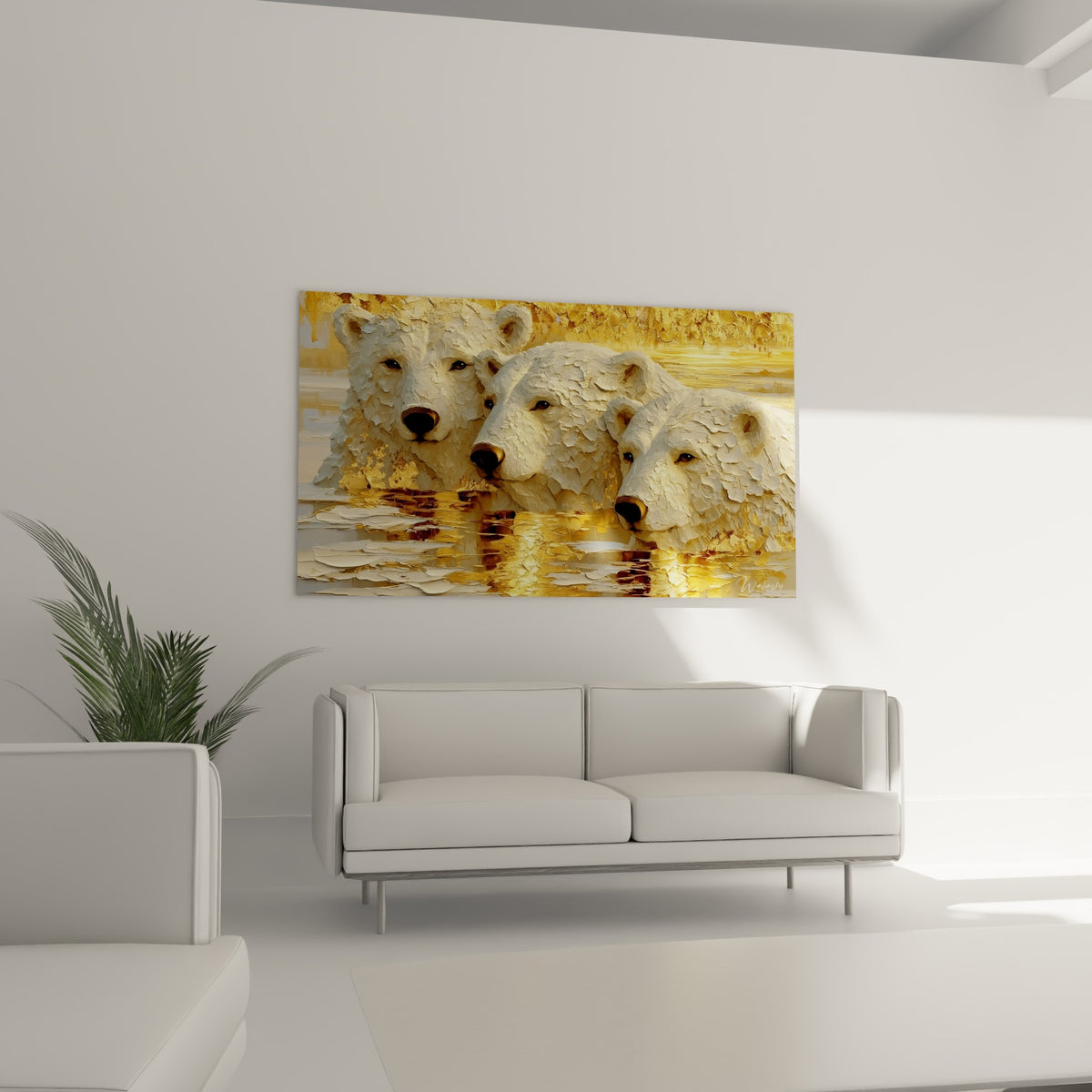 Fourrures blanches et reflets dorés des ours polaires au-dessus d'un canapé dans un salon lumineux