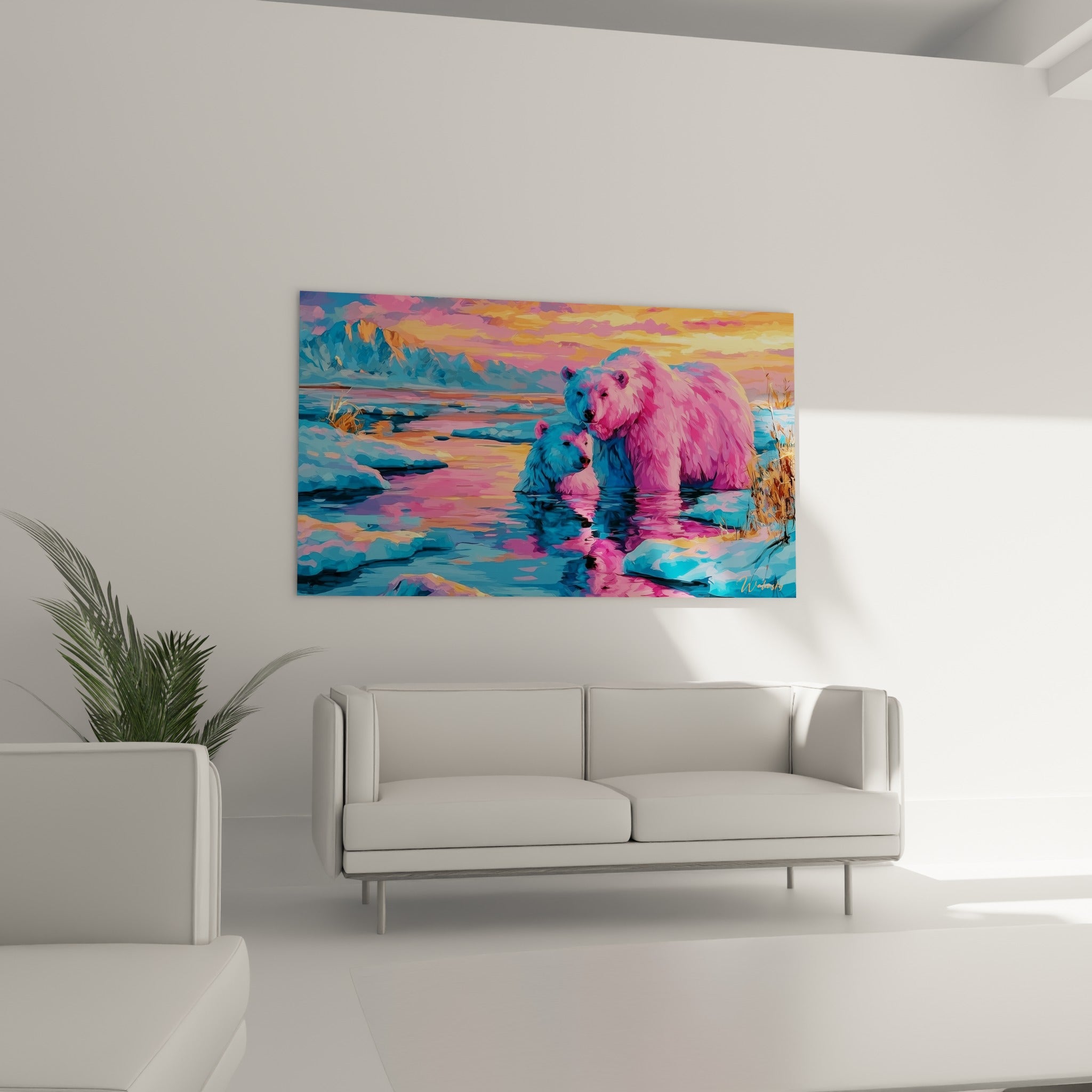 Ours polaire aux teintes roses et bleues baignant dans une eau colorée au-dessus d'un canapé dans un salon lumineux