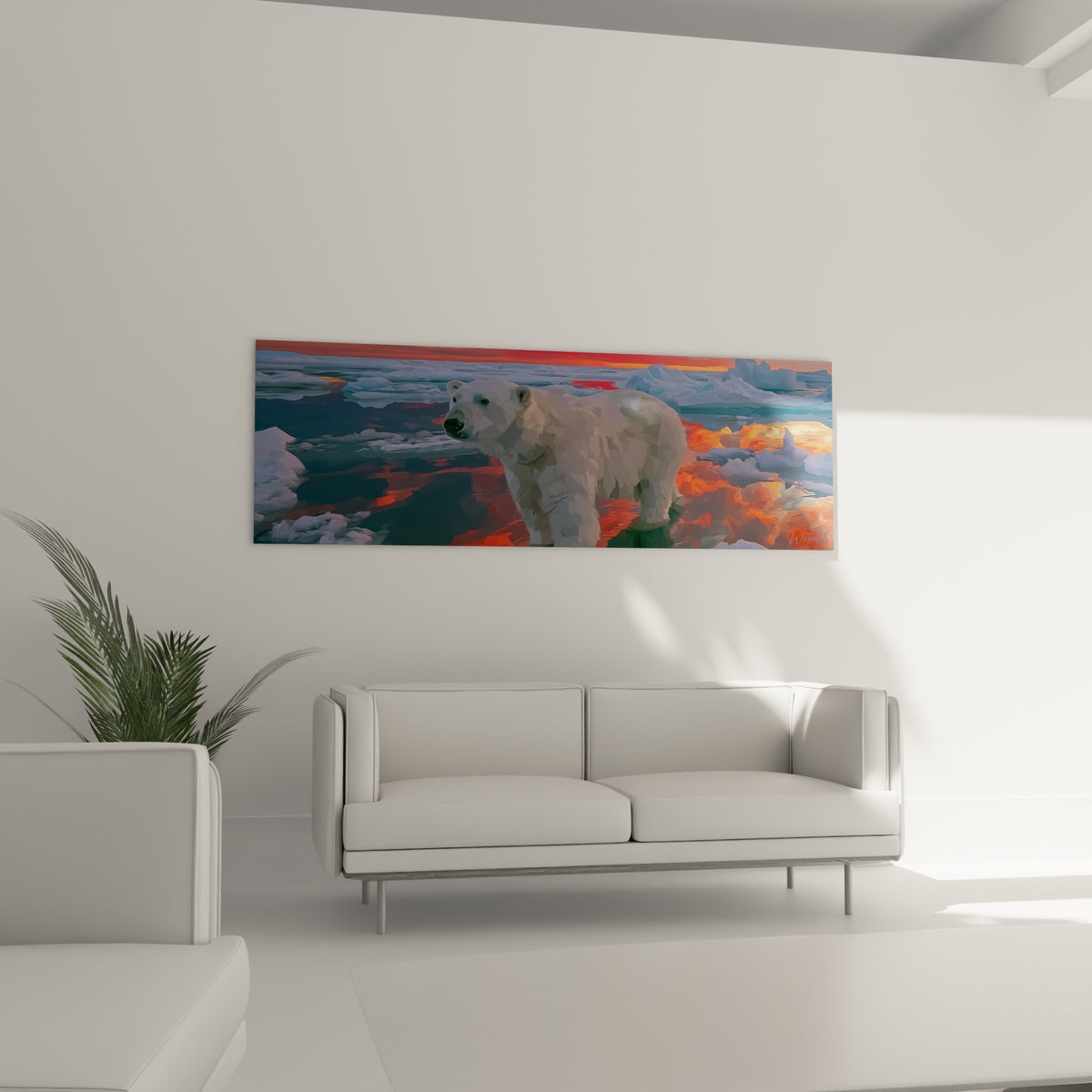 Ours polaire immobile devant reflets rouges et glace bleutée, au-dessus d'un canapé dans un salon lumineux