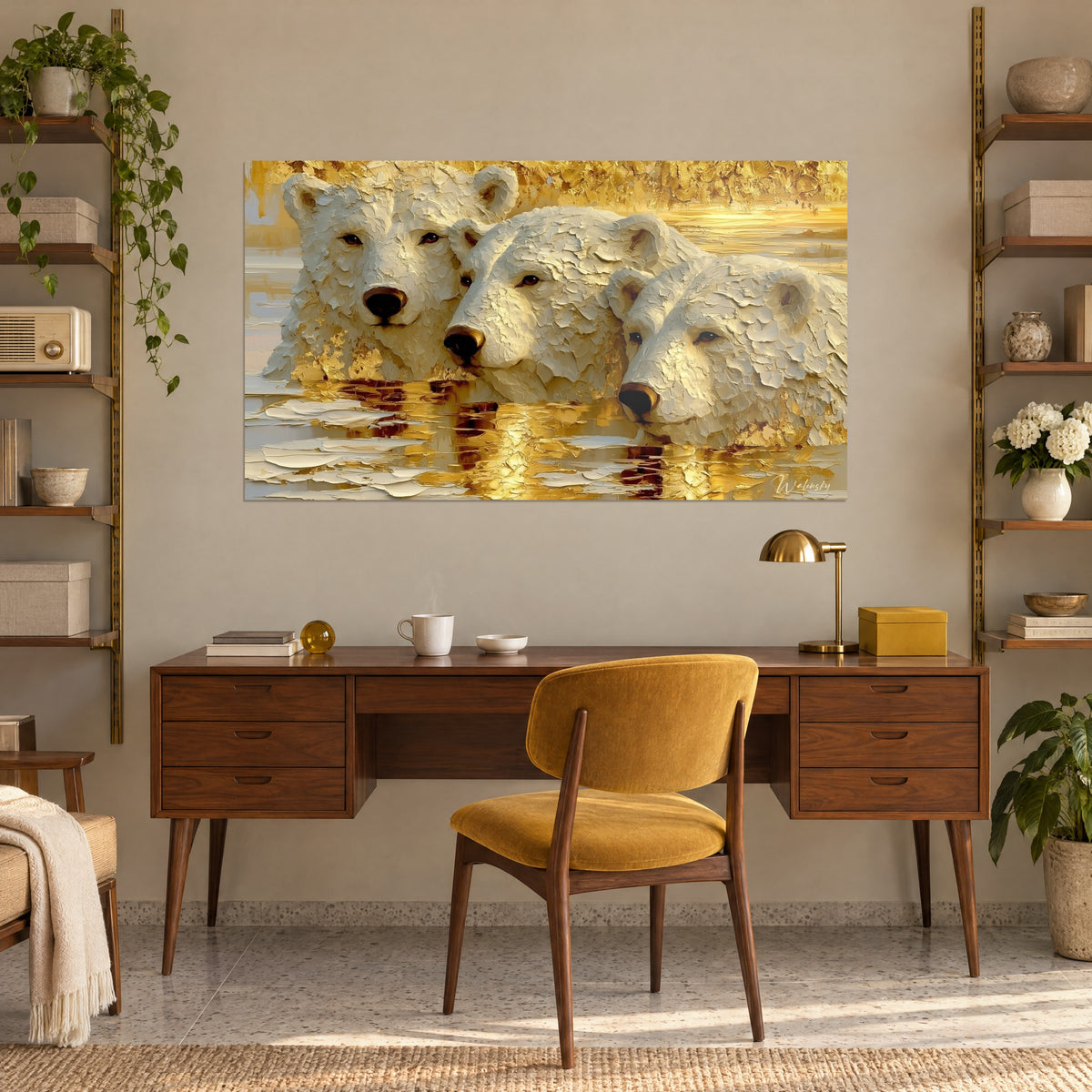 Tableau têtes d'ours blancs aux truffes brun sombre, coups de spatule beige et or, hissé au mur d'un bureau en bois et laiton