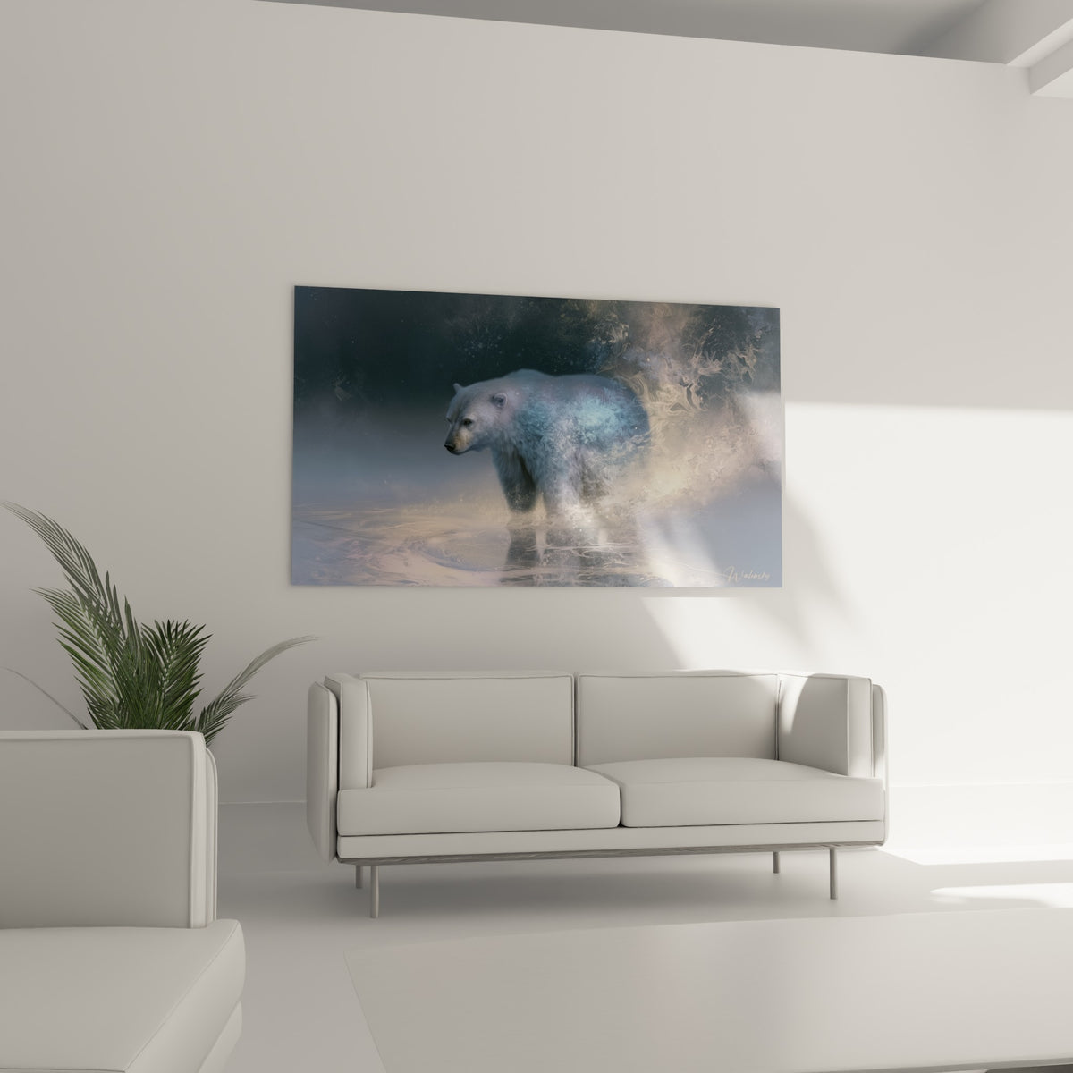 Regard doux d'un ours polaire noyé dans des tourbillons bleu pastel et or, au-dessus d'un canapé dans un salon lumineux