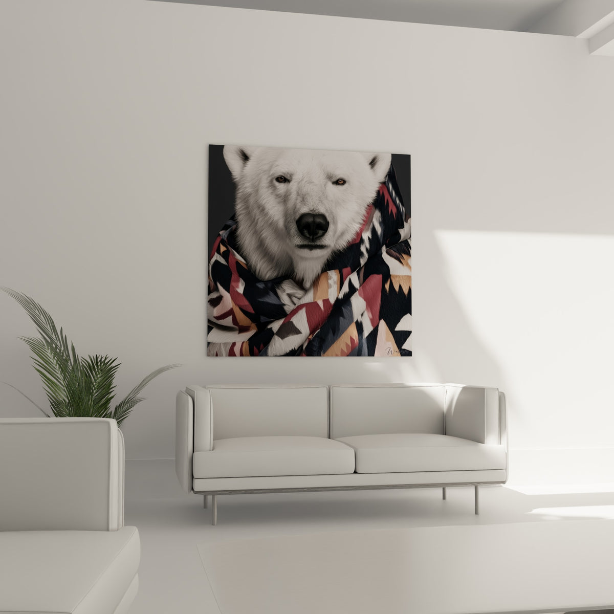 Yeux perçants de l'ours polaire drapé de terracotta, au-dessus d'un canapé dans un salon lumineux