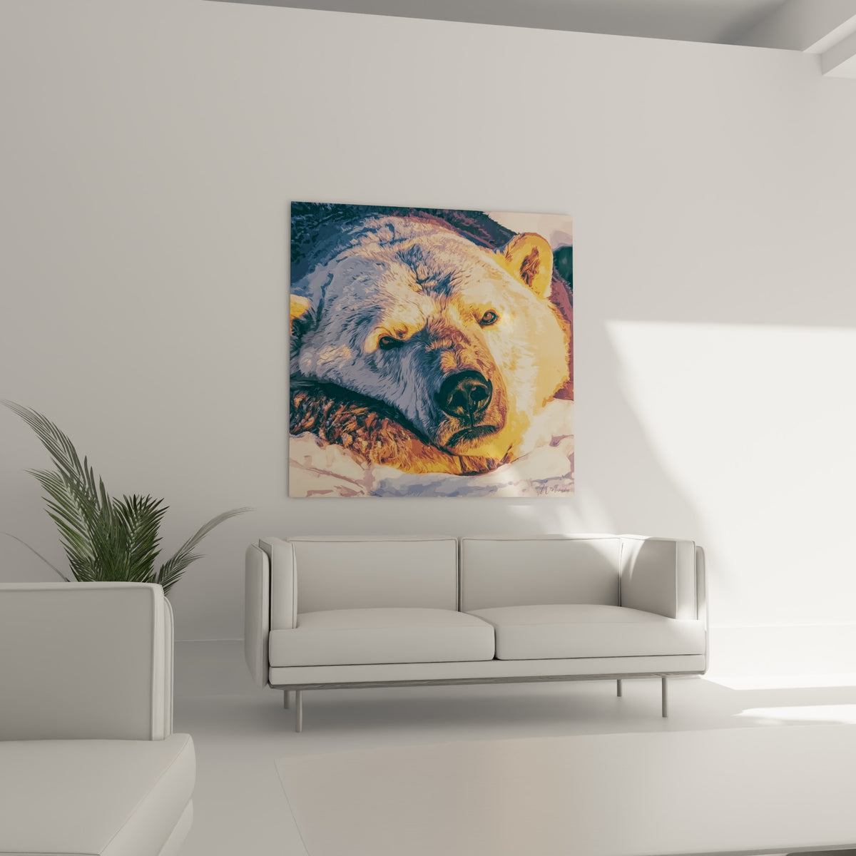 Tête d'ours polaire ambrée et bleutée, truffe noire texturée, au-dessus d'un canapé dans un salon lumineux